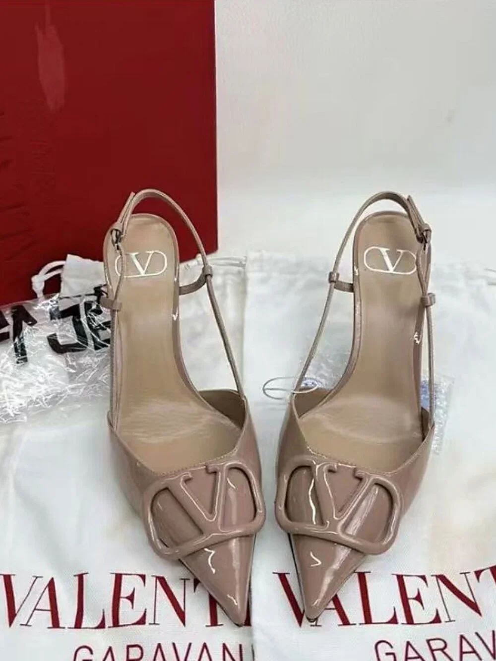 Valentino Nude Patent Leather VLogo Slingback Heels
